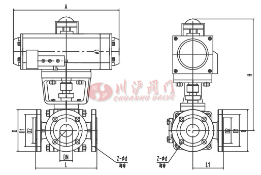 氣動襯氟三通球閥結(jié)構(gòu)圖