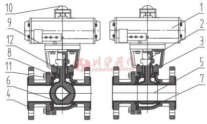 氣動(dòng)襯氟調(diào)節(jié)球閥結(jié)構(gòu)圖
